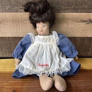 Sarah Vintage Lillian Vernon Sock Doll 14" Cloth Rag Stockinette Blue Dress